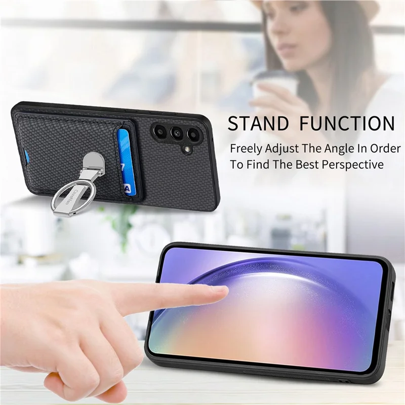 C1-9 per Samsung Galaxy A55 5G Cover con anello di supporto in carbonio Texture in pelle - Nero