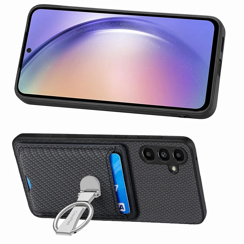 C1-9 per Samsung Galaxy A55 5G Cover con anello di supporto in carbonio Texture in pelle - Nero
