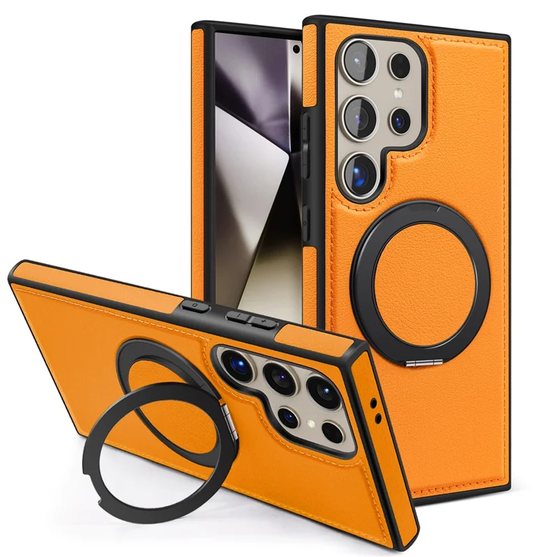 For Samsung Galaxy S24 Ultra Case with Ring Kickstand Magnetic Case PU Leather Back Cover - Orange
