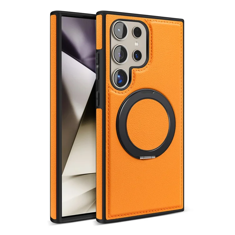 For Samsung Galaxy S24 Ultra Case with Ring Kickstand Magnetic Case PU Leather Back Cover - Orange