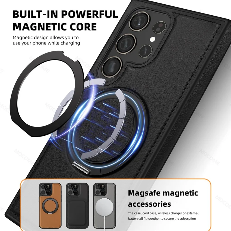 For Samsung Galaxy S24 Ultra Case with Ring Kickstand Magnetic Case PU Leather Back Cover - Orange