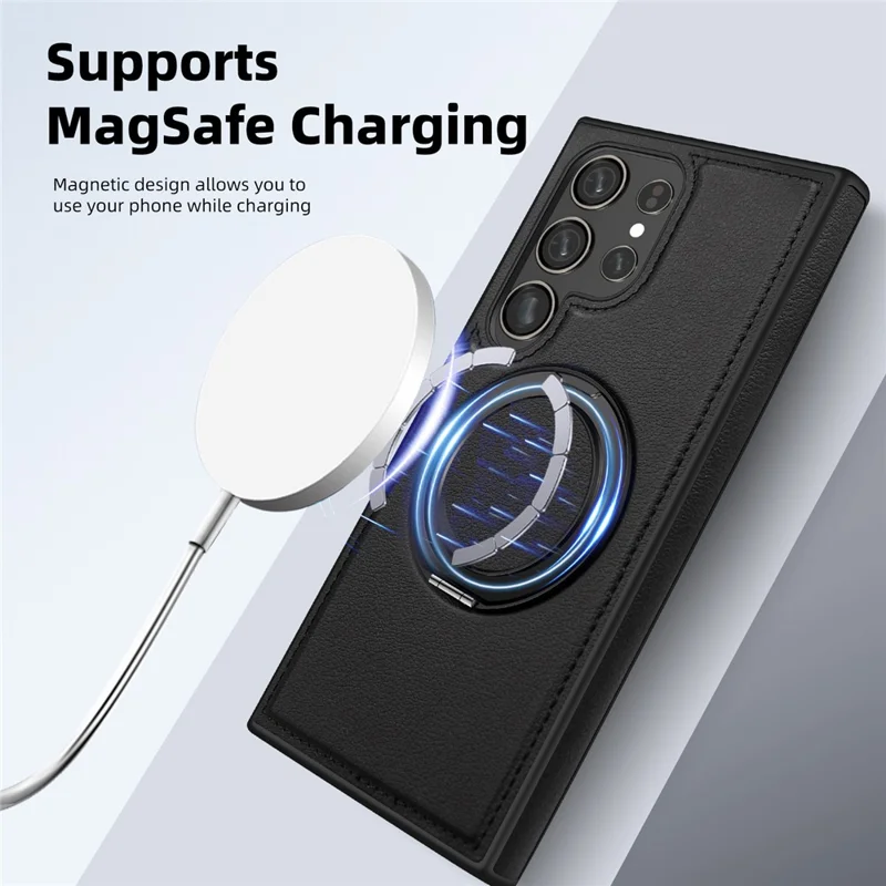 For Samsung Galaxy S24 Ultra Case with Ring Kickstand Magnetic Case PU Leather Back Cover - Orange