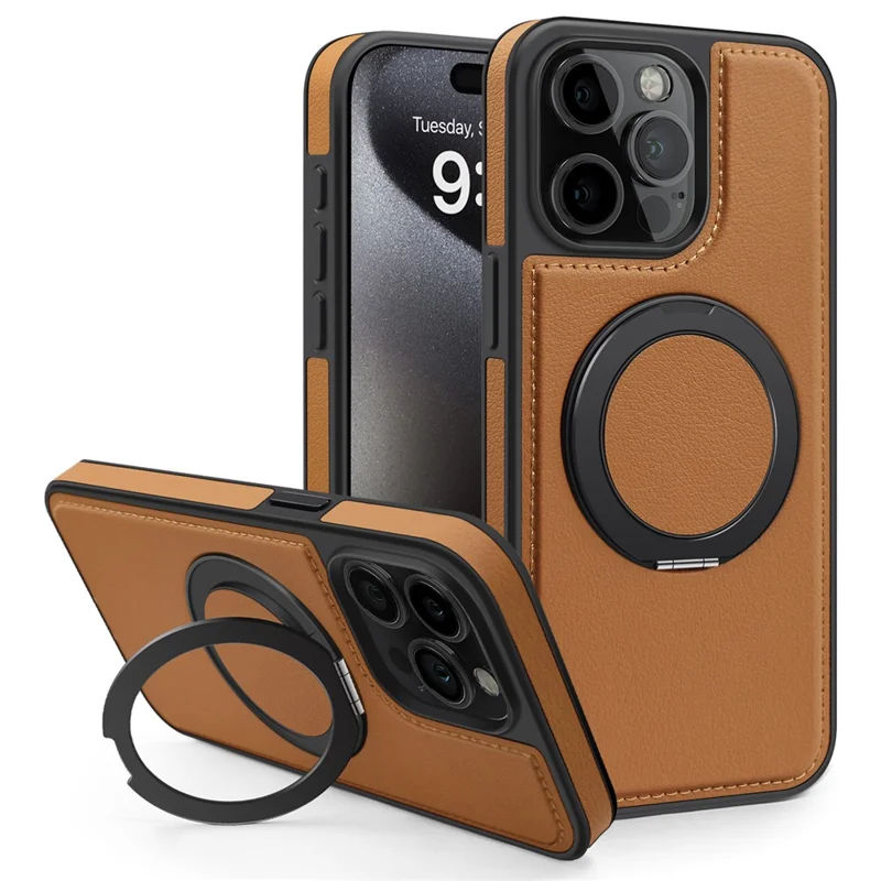 For iPhone 15 Pro Max Case with Ring Kickstand Compatible with MagSafe PU Leather Back Cover - Brown