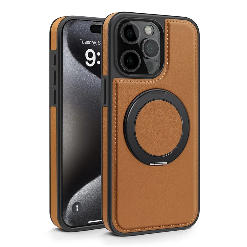 For iPhone 15 Pro Max Case with Ring Kickstand Compatible with MagSafe PU Leather Back Cover - Brown