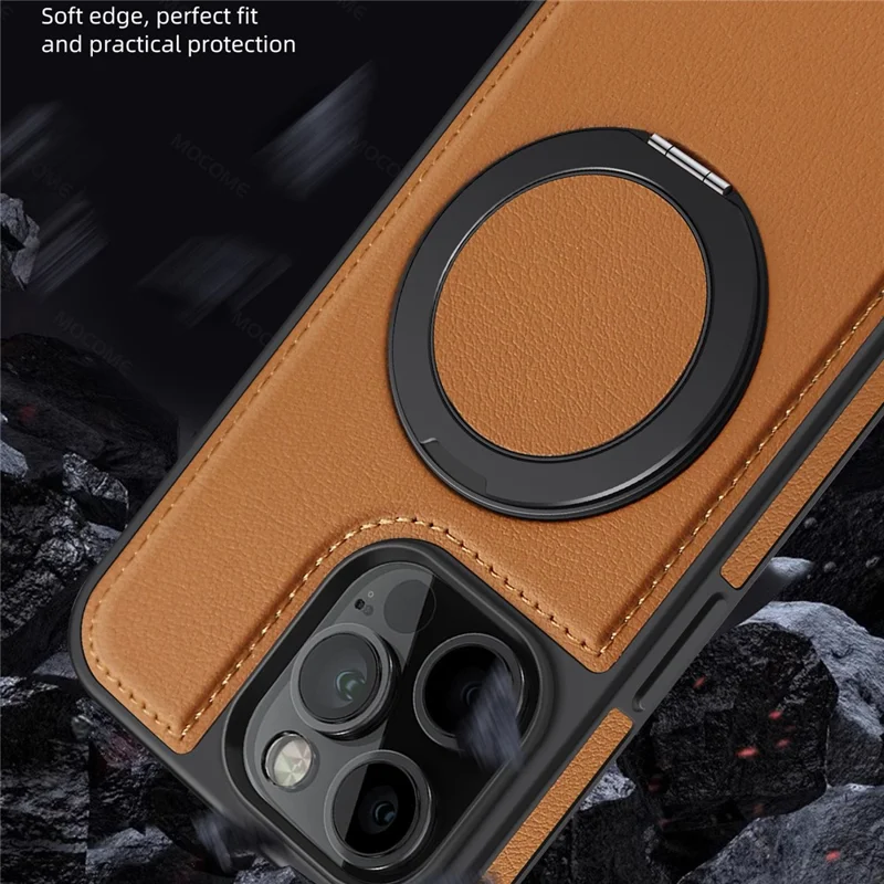 For iPhone 15 Pro Max Case with Ring Kickstand Compatible with MagSafe PU Leather Back Cover - Brown