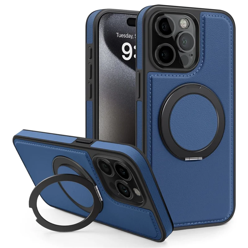 For iPhone 15 Pro Case with Ring Kickstand Compatible with MagSafe PU Leather Back Cover - Blue