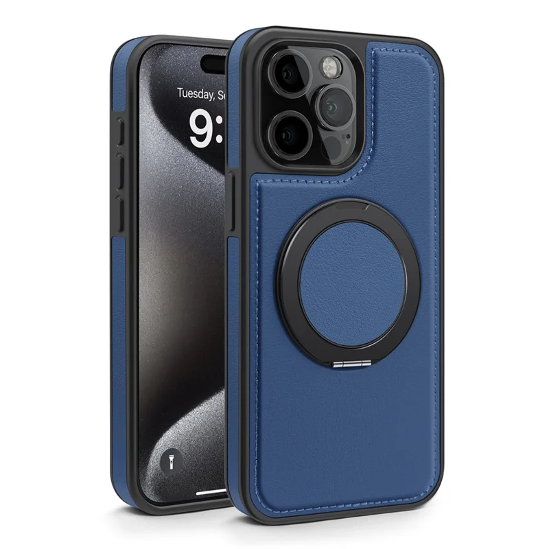 For iPhone 15 Pro Case with Ring Kickstand Compatible with MagSafe PU Leather Back Cover - Blue