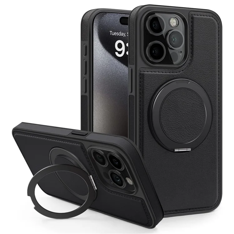 For iPhone 14 Pro Case with Ring Kickstand Compatible with MagSafe PU Leather Back Cover - Black