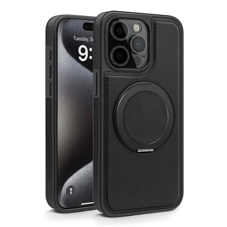 For iPhone 14 Pro Case with Ring Kickstand Compatible with MagSafe PU Leather Back Cover - Black