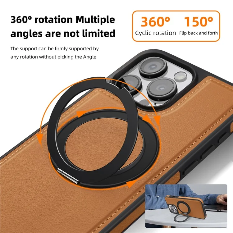 For iPhone 14 Pro Case with Ring Kickstand Compatible with MagSafe PU Leather Back Cover - Black