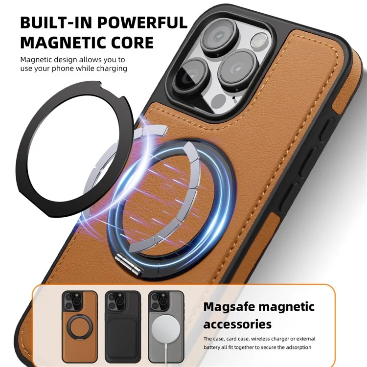For iPhone 14 Pro Case with Ring Kickstand Compatible with MagSafe PU Leather Back Cover - Black