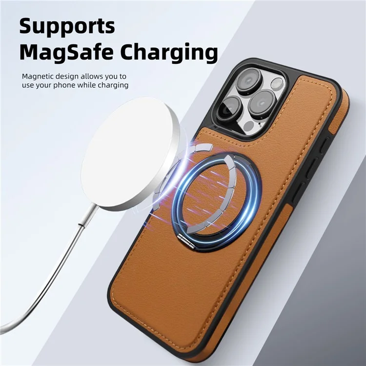 For iPhone 14 Pro Case with Ring Kickstand Compatible with MagSafe PU Leather Back Cover - Black
