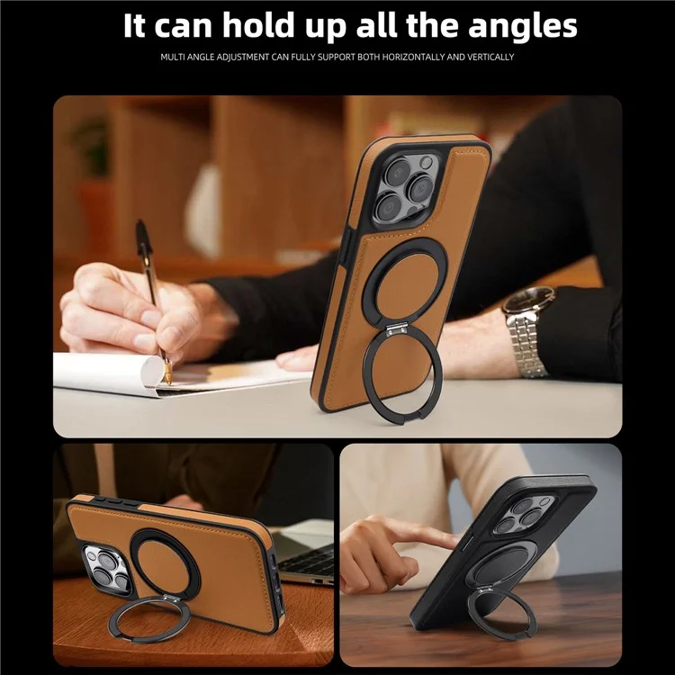 For iPhone 14 Pro Case with Ring Kickstand Compatible with MagSafe PU Leather Back Cover - Black