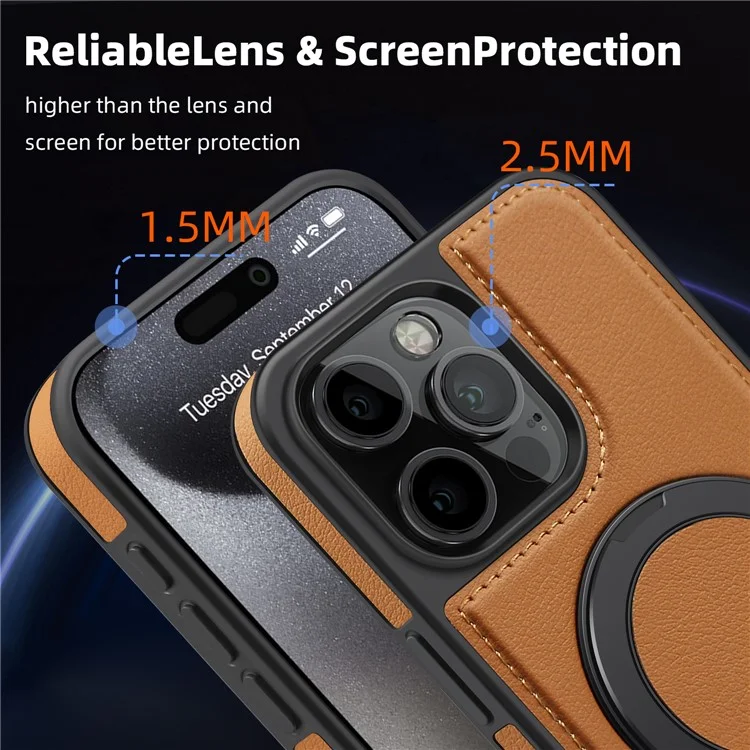 For iPhone 14 Pro Case with Ring Kickstand Compatible with MagSafe PU Leather Back Cover - Black