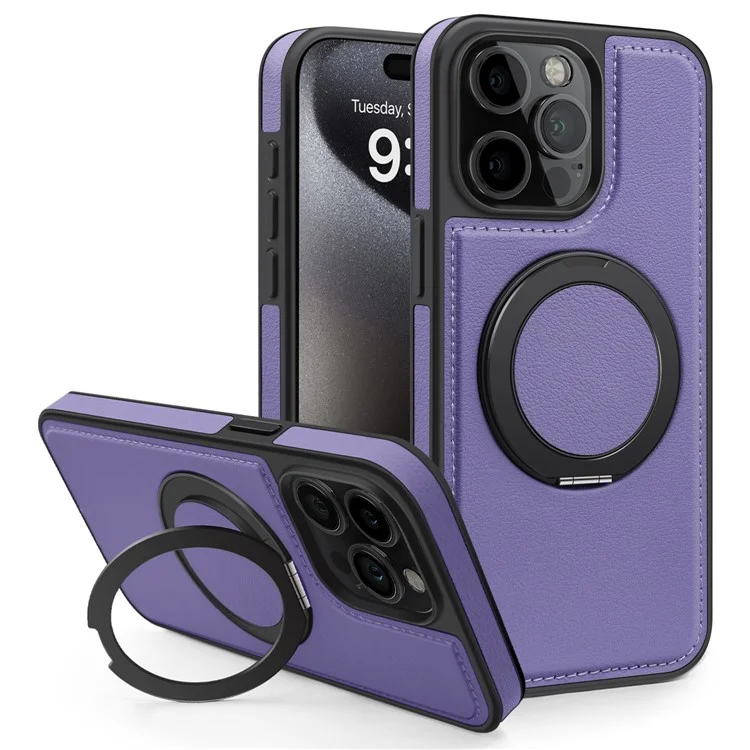 For iPhone 14 Pro Max Case with Ring Kickstand Compatible with MagSafe PU Leather Back Cover - Purple
