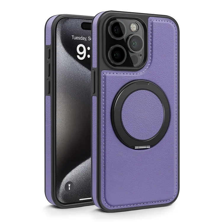 For iPhone 14 Pro Max Case with Ring Kickstand Compatible with MagSafe PU Leather Back Cover - Purple
