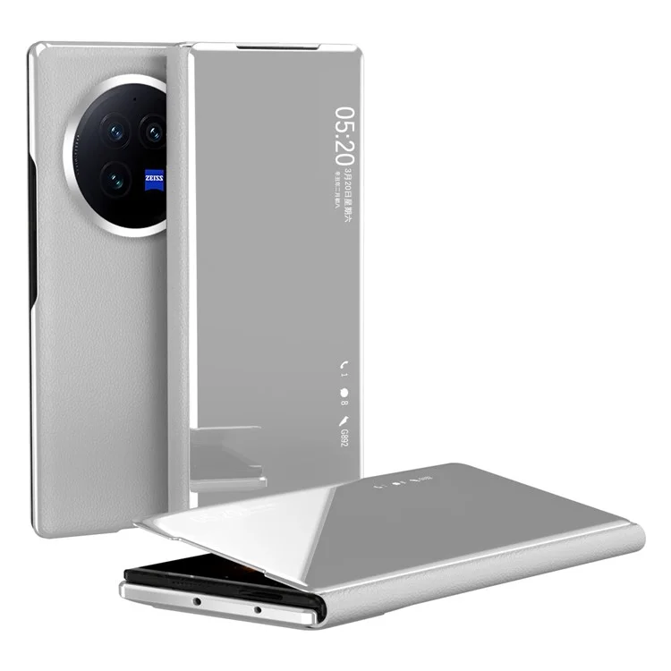 Para vivo X Fold3 Leather Case Mirror Surface Electroplating Phone Cover with View Window - Silver