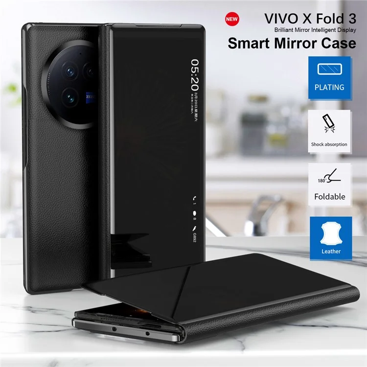 Para vivo X Fold3 Leather Case Mirror Surface Electroplating Phone Cover with View Window - Silver
