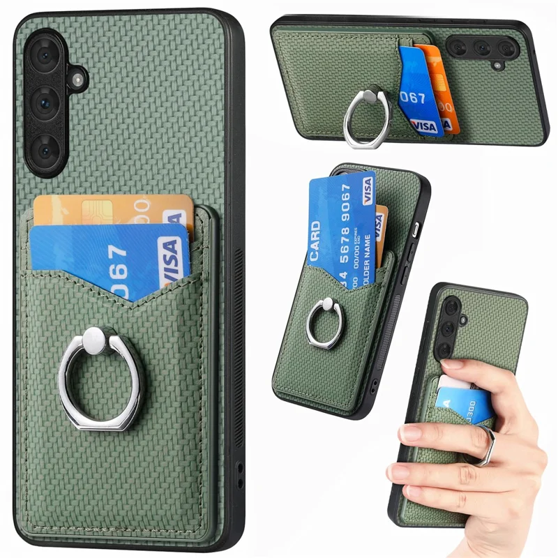 For Samsung Galaxy A34 5G Case with Card Holder Ring Kickstand PU Leather Coated PC+TPU Back Cover - Green