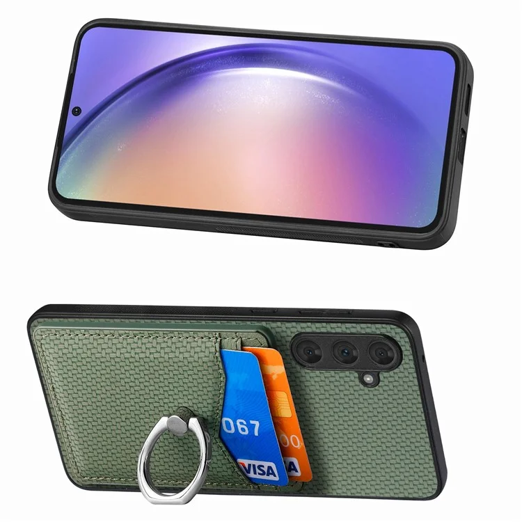 For Samsung Galaxy A34 5G Case with Card Holder Ring Kickstand PU Leather Coated PC+TPU Back Cover - Green