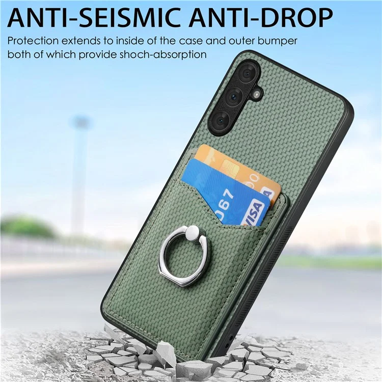 For Samsung Galaxy A34 5G Case with Card Holder Ring Kickstand PU Leather Coated PC+TPU Back Cover - Green