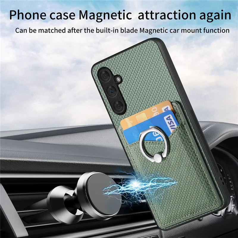 For Samsung Galaxy A34 5G Case with Card Holder Ring Kickstand PU Leather Coated PC+TPU Back Cover - Green
