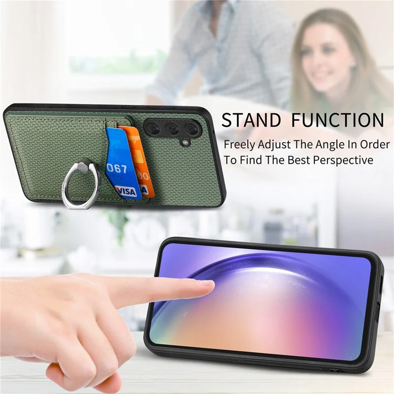 For Samsung Galaxy A34 5G Case with Card Holder Ring Kickstand PU Leather Coated PC+TPU Back Cover - Green