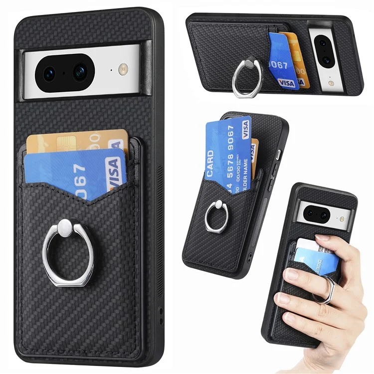 For Google Pixel 8 Case PU Leather Coated PC+TPU Phone Cover with Ring Holder Card Slots - Black