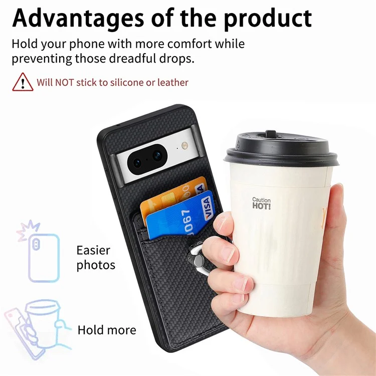 For Google Pixel 8 Case PU Leather Coated PC+TPU Phone Cover with Ring Holder Card Slots - Black