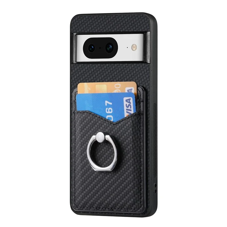 For Google Pixel 8 Case PU Leather Coated PC+TPU Phone Cover with Ring Holder Card Slots - Black