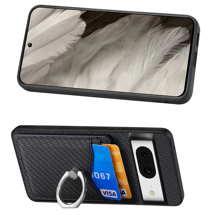For Google Pixel 8 Case PU Leather Coated PC+TPU Phone Cover with Ring Holder Card Slots - Black