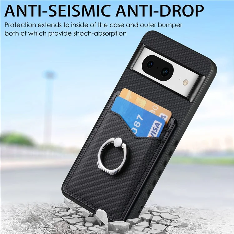 For Google Pixel 8 Case PU Leather Coated PC+TPU Phone Cover with Ring Holder Card Slots - Black