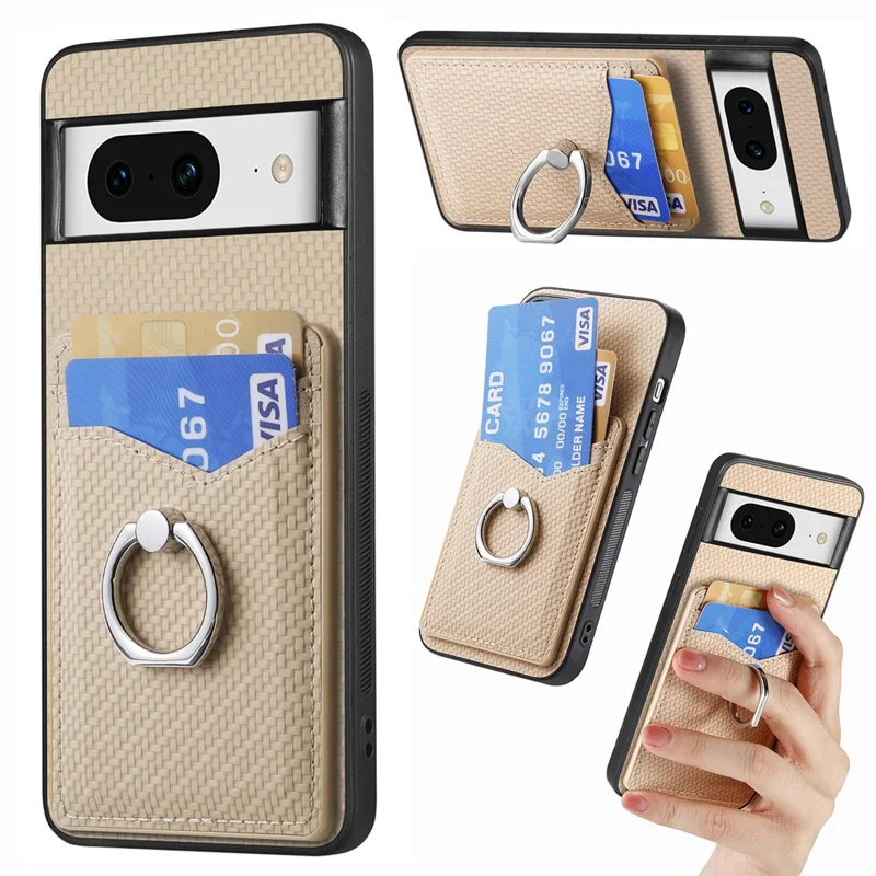 For Google Pixel 8 Case PU Leather Coated PC+TPU Phone Cover with Ring Holder Card Slots - Apricot