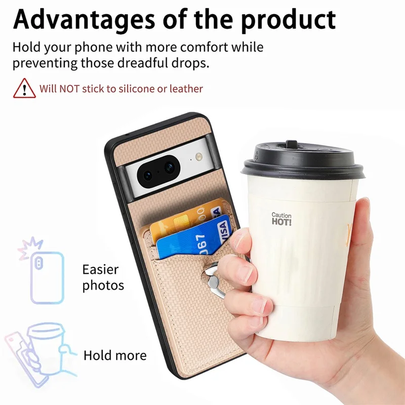 For Google Pixel 8 Case PU Leather Coated PC+TPU Phone Cover with Ring Holder Card Slots - Apricot