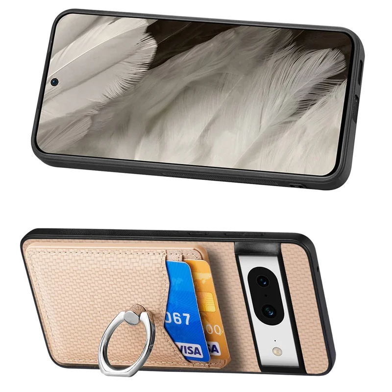 For Google Pixel 8 Case PU Leather Coated PC+TPU Phone Cover with Ring Holder Card Slots - Apricot