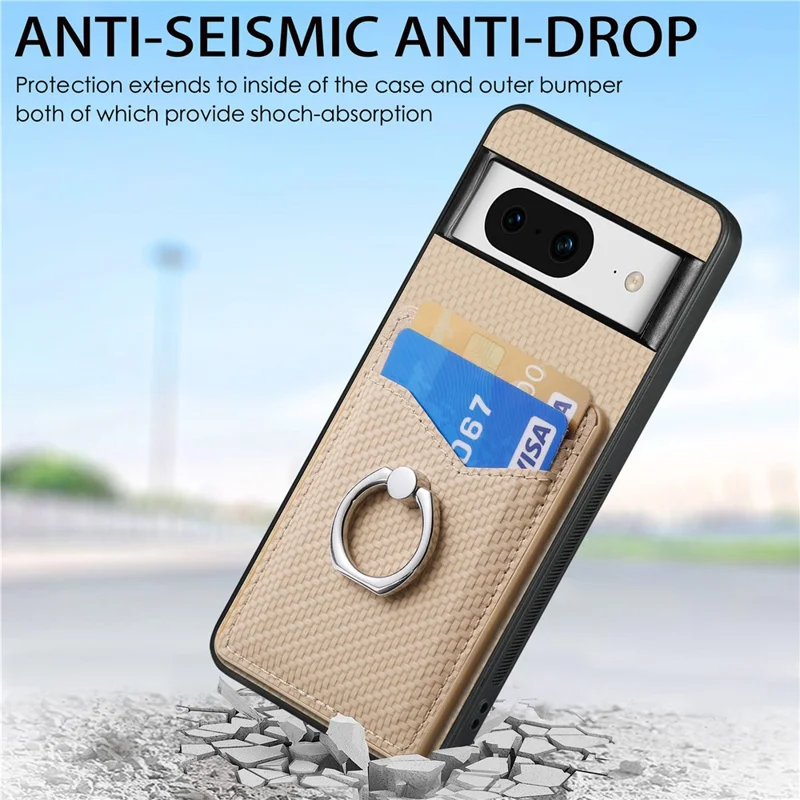 For Google Pixel 8 Case PU Leather Coated PC+TPU Phone Cover with Ring Holder Card Slots - Apricot