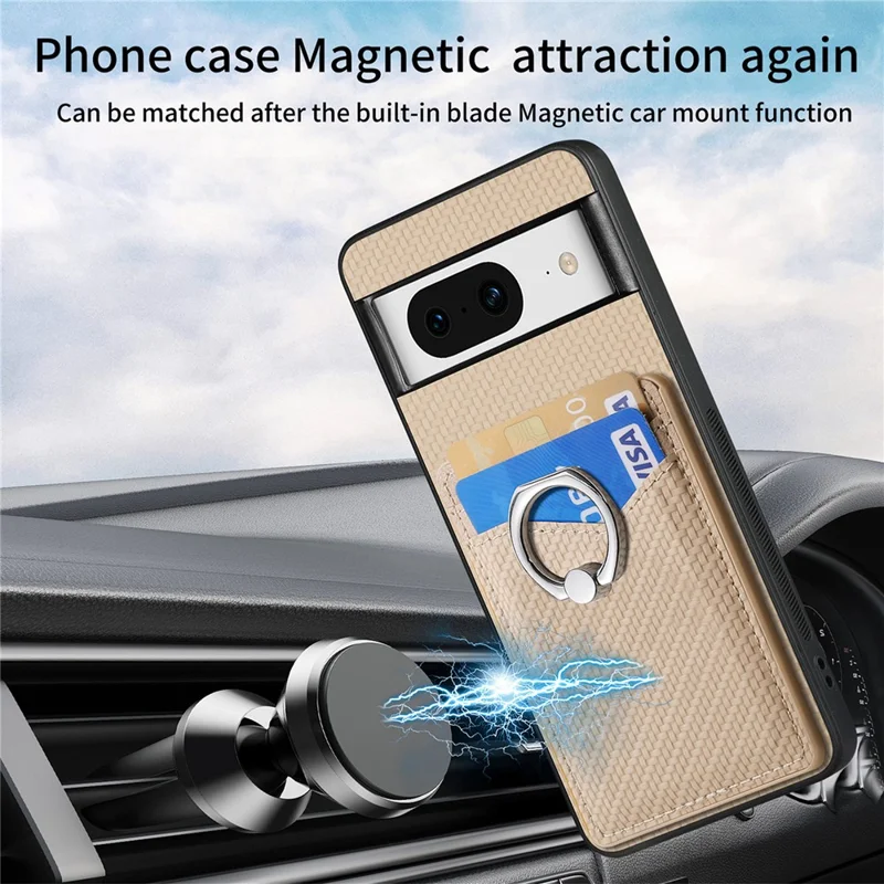 For Google Pixel 8 Case PU Leather Coated PC+TPU Phone Cover with Ring Holder Card Slots - Apricot