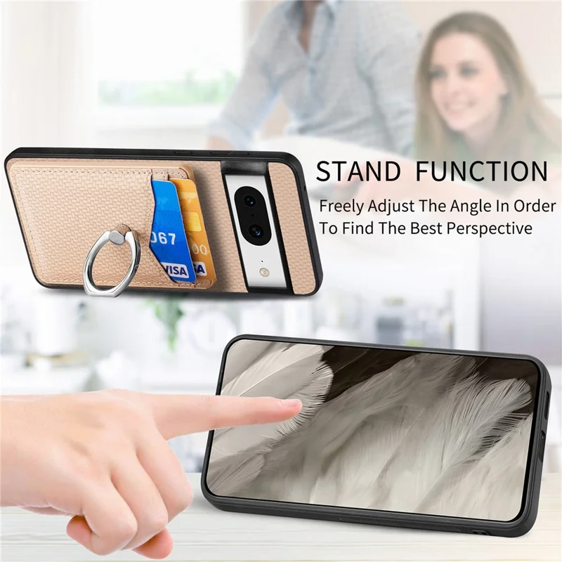 For Google Pixel 8 Case PU Leather Coated PC+TPU Phone Cover with Ring Holder Card Slots - Apricot