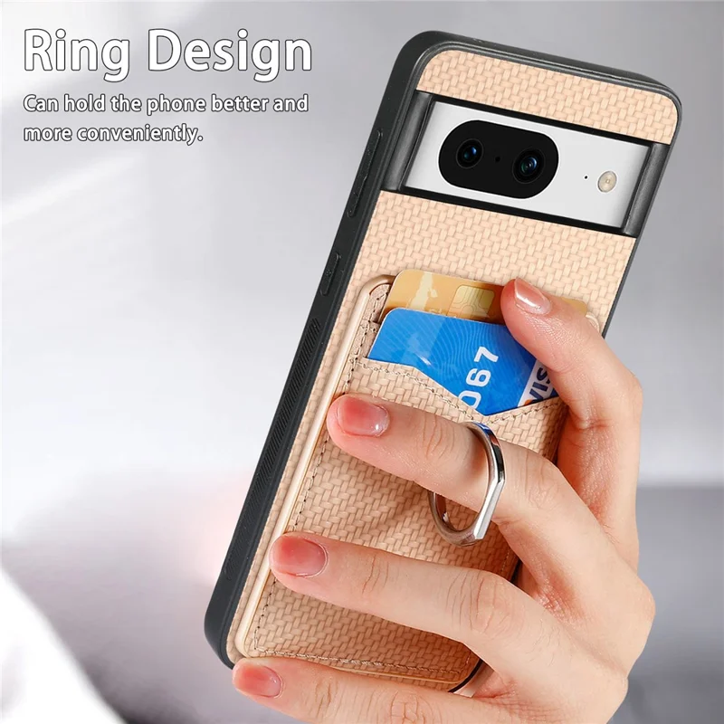 For Google Pixel 8 Case PU Leather Coated PC+TPU Phone Cover with Ring Holder Card Slots - Apricot