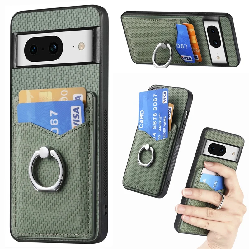 Pour étui Google Pixel 8 Étui en cuir PU avec revêtement PC+TPU avec support anneau et fentes pour cartes - Vert