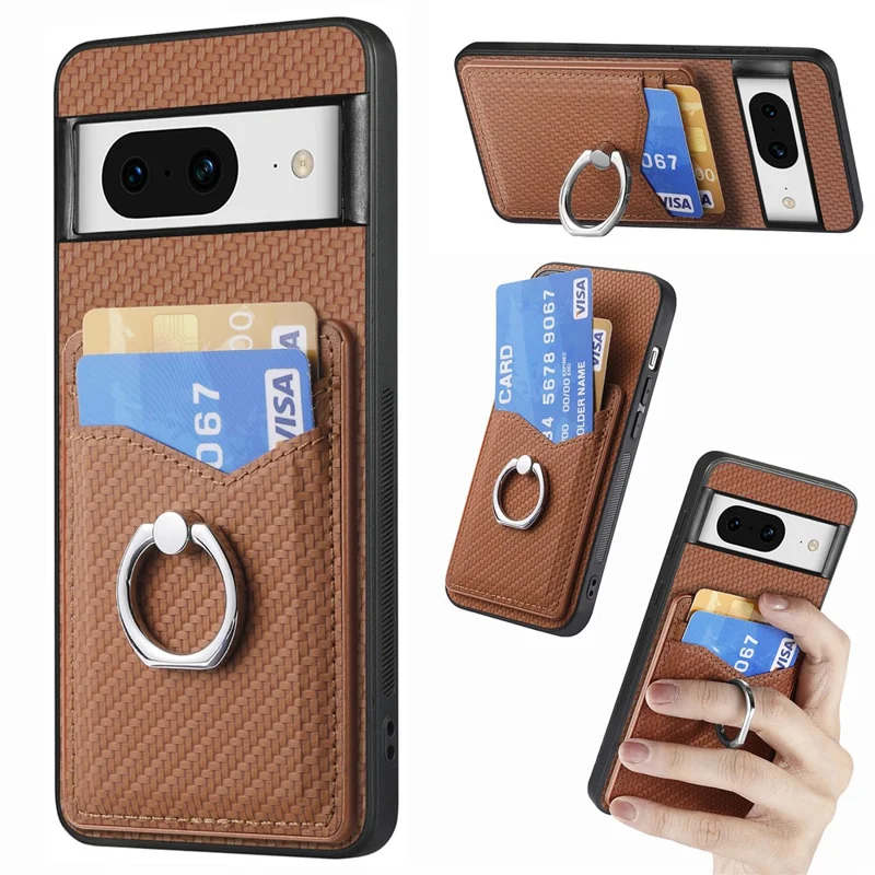 Para Google Pixel 8 Case PU Leather Coated PC+TPU Phone Cover com Suporte de Anel e Slots para Cartões - Marrom