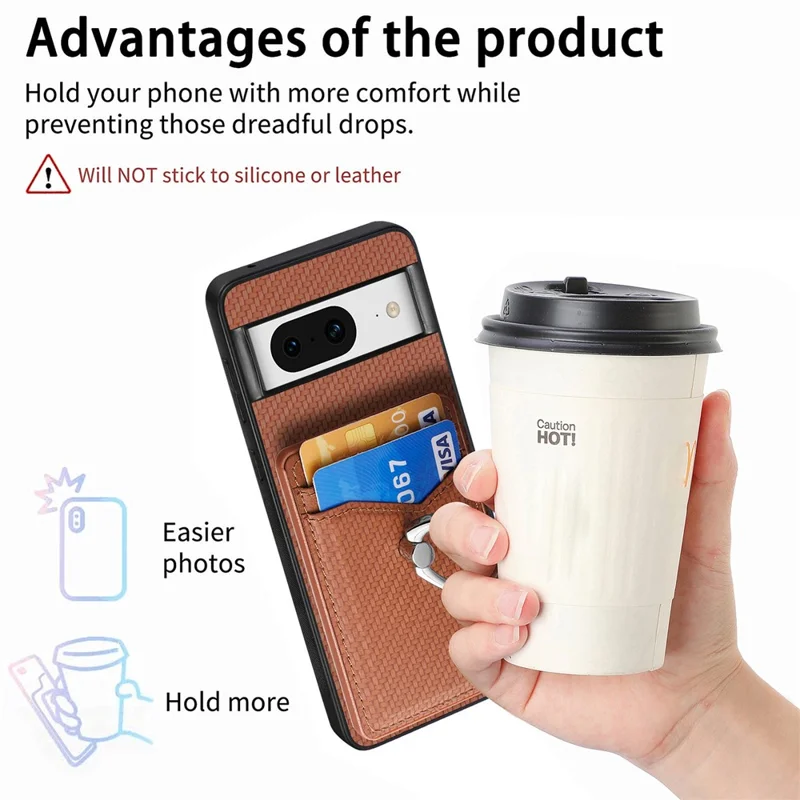 Para Google Pixel 8 Case PU Leather Coated PC+TPU Phone Cover com Suporte de Anel e Slots para Cartões - Marrom