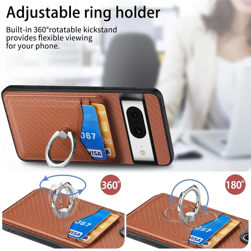 Para Google Pixel 8 Case PU Leather Coated PC+TPU Phone Cover com Suporte de Anel e Slots para Cartões - Marrom