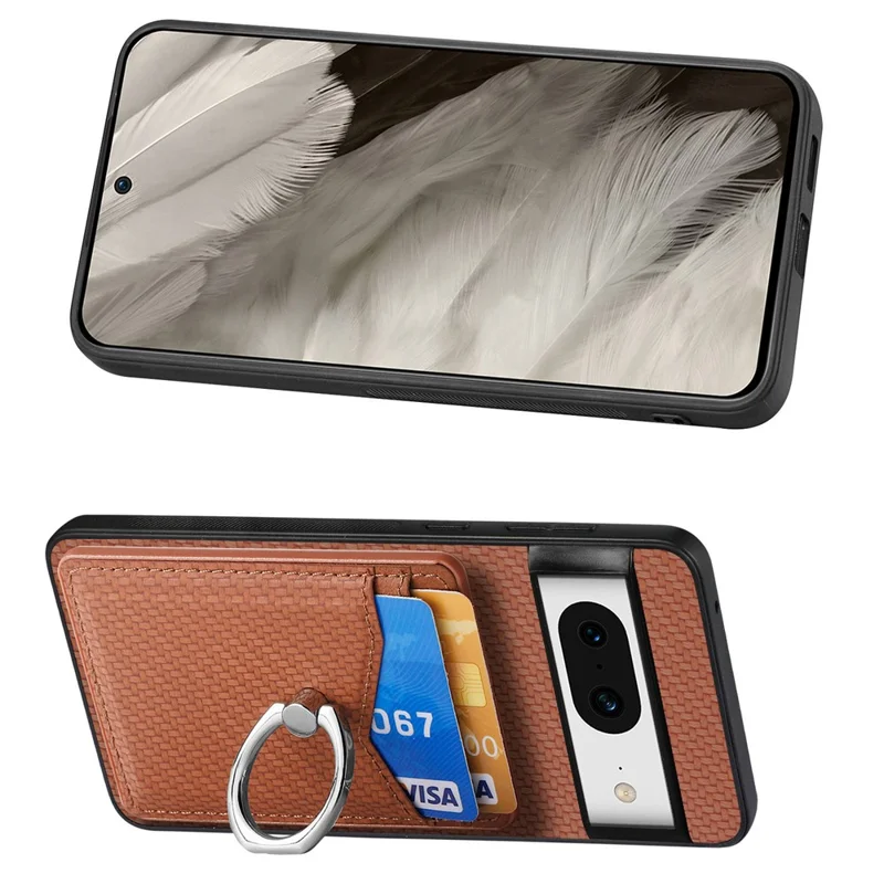 Para Google Pixel 8 Case PU Leather Coated PC+TPU Phone Cover com Suporte de Anel e Slots para Cartões - Marrom