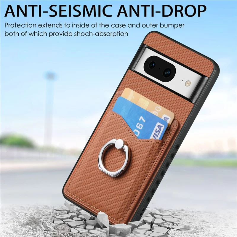 Para Google Pixel 8 Case PU Leather Coated PC+TPU Phone Cover com Suporte de Anel e Slots para Cartões - Marrom