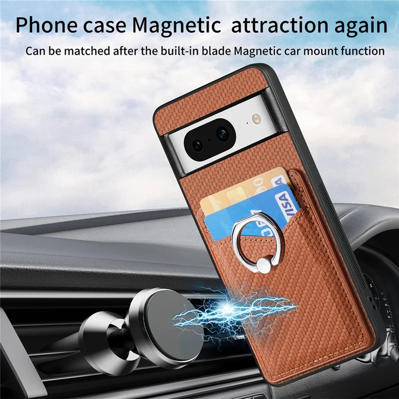 Para Google Pixel 8 Case PU Leather Coated PC+TPU Phone Cover com Suporte de Anel e Slots para Cartões - Marrom