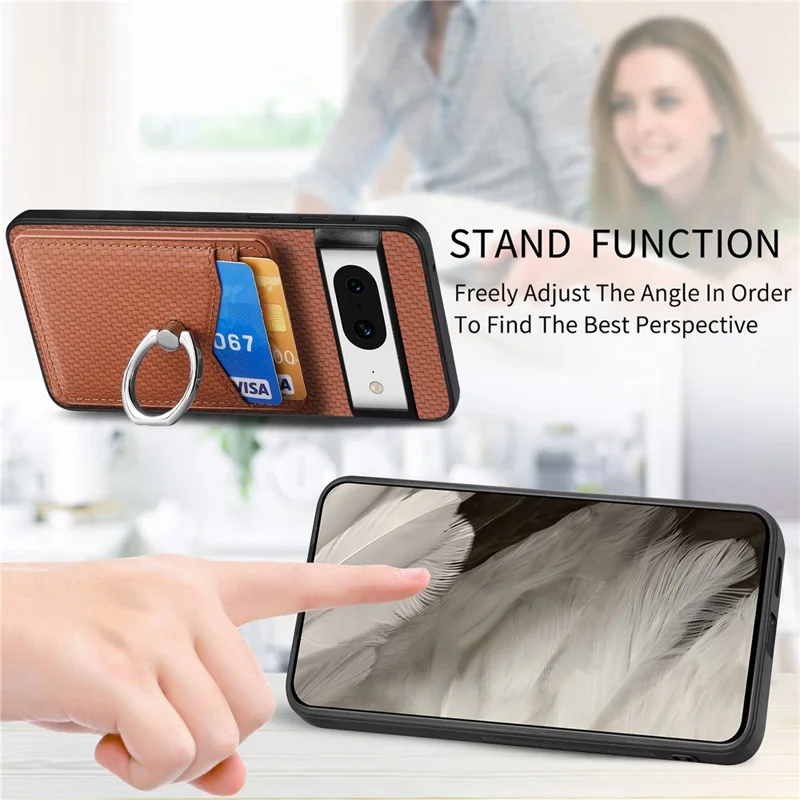 Para Google Pixel 8 Case PU Leather Coated PC+TPU Phone Cover com Suporte de Anel e Slots para Cartões - Marrom