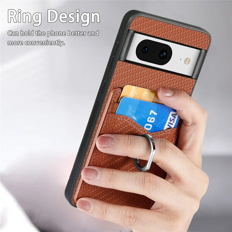 Para Google Pixel 8 Case PU Leather Coated PC+TPU Phone Cover com Suporte de Anel e Slots para Cartões - Marrom