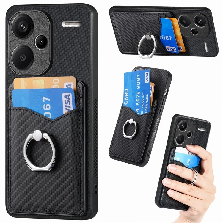 Für Xiaomi Redmi Note 13 Pro+ 5G Kickstand Case Carbon Fiber PU Card Slots Phone Cover - Schwarz