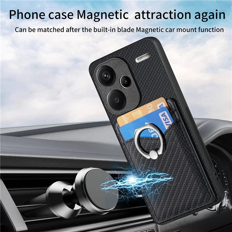 Für Xiaomi Redmi Note 13 Pro+ 5G Kickstand Case Carbon Fiber PU Card Slots Phone Cover - Schwarz